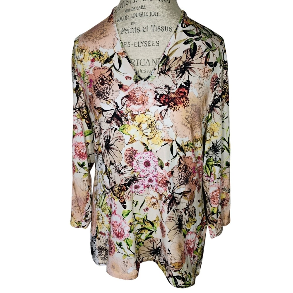 Chicos Floral Butterfly‎ Top Womens Large 3/4 Sleeve Garden Casual Comfortable
